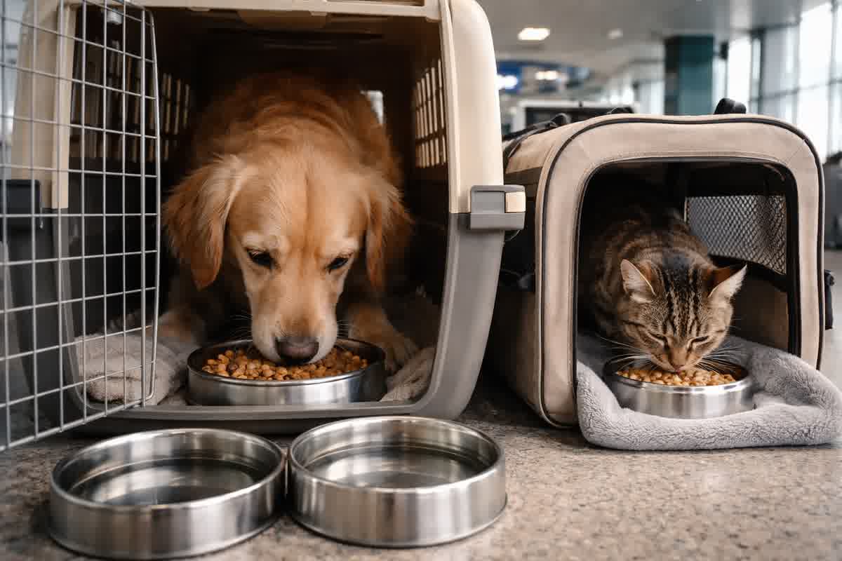Alimentación de perro o gato antes del vuelo: ventanas de comida y agua para evitar vómitos en transporte internacional